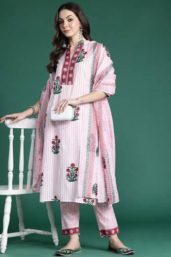 Floral Printed Pure Cotton Kurta with Trousers & With Dupatta