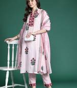 Floral Printed Pure Cotton Kurta with Trousers & With Dupatta