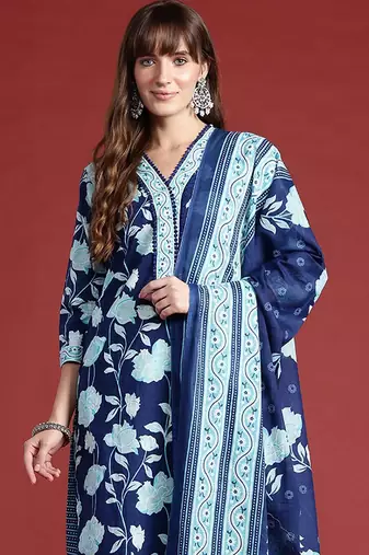 Floral Printed Pure Cotton Kurta With Trousers & Dupatta