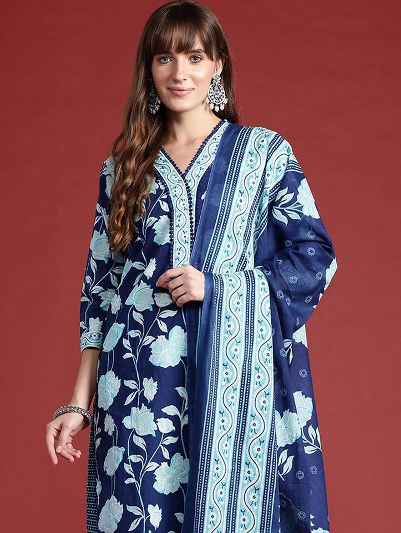 Floral Printed Pure Cotton Kurta With Trousers & Dupatta