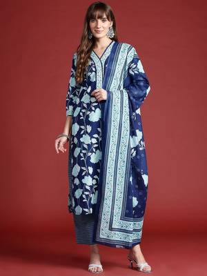 Floral Printed Pure Cotton Kurta With Trousers & Dupatta 1
