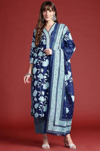 Floral Printed Pure Cotton Kurta With Trousers & Dupatta
