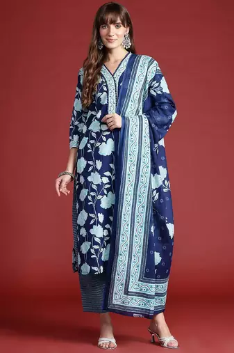 Floral Printed Pure Cotton Kurta With Trousers & Dupatta