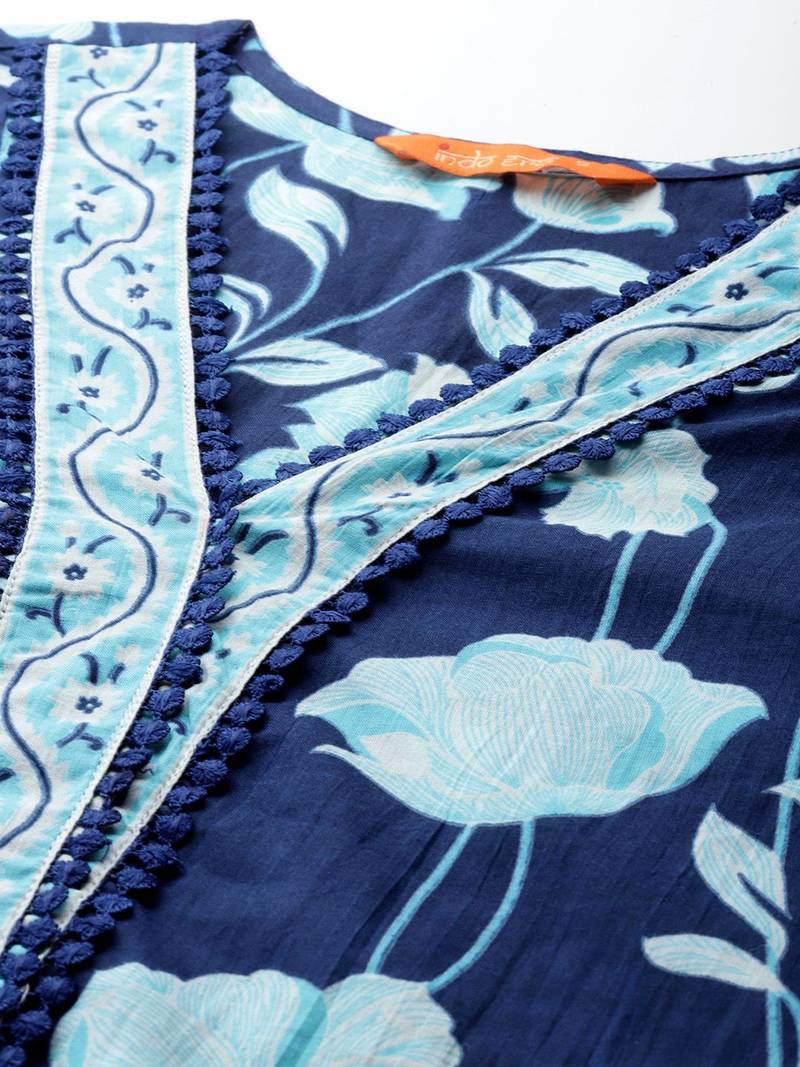 Floral Printed Pure Cotton Kurta With Trousers & Dupatta