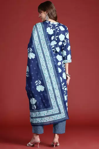 Floral Printed Pure Cotton Kurta With Trousers & Dupatta