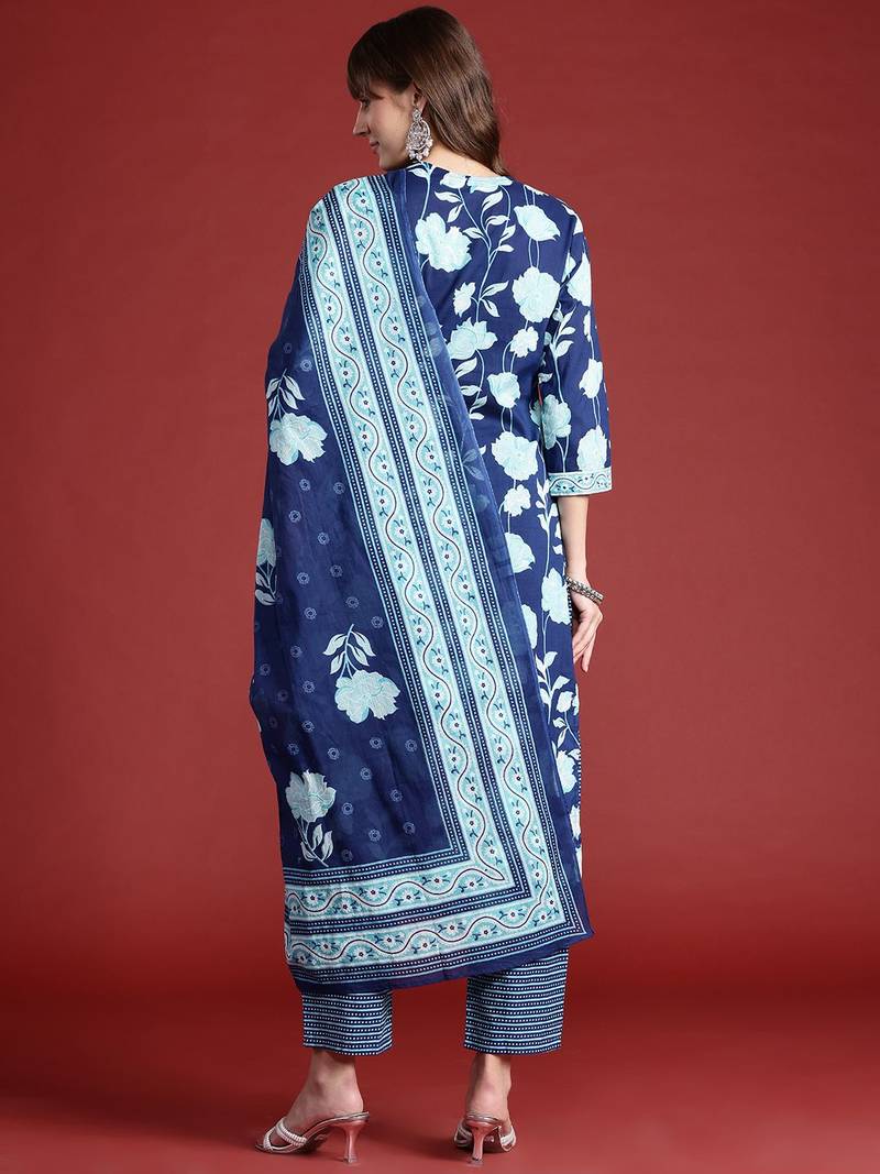 Floral Printed Pure Cotton Kurta With Trousers & Dupatta