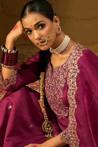 Floral Embroidered Sequinned Liva Kurta with Trousers & Dupatta