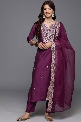 Floral Embroidered Sequinned Liva Kurta with Trousers & Dupatta