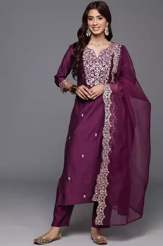 Floral Embroidered Sequinned Liva Kurta with Trousers & Dupatta