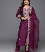 Floral Embroidered Sequinned Liva Kurta with Trousers & Dupatta