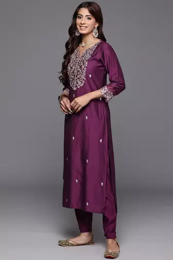 Floral Embroidered Sequinned Liva Kurta with Trousers & Dupatta