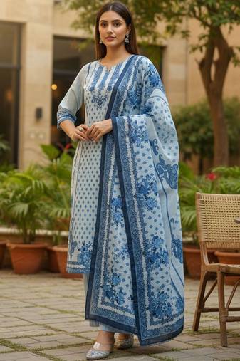 Women Floral Printed Regular Beads and Stones Pure Cotton Kurta with Trousers & With Dupatta