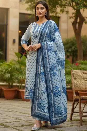 Women Floral Printed Regular Beads and Stones Pure Cotton Kurta with Trousers & With Dupatta