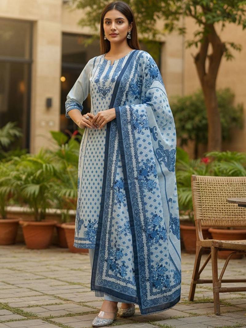 Women Floral Printed Regular Beads and Stones Pure Cotton Kurta with Trousers & With Dupatta