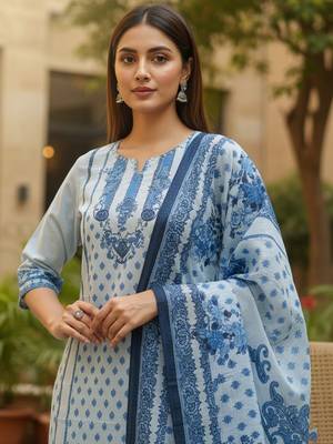 Women Floral Printed Regular Beads and Stones Pure Cotton Kurta with Trousers & With Dupatta 2