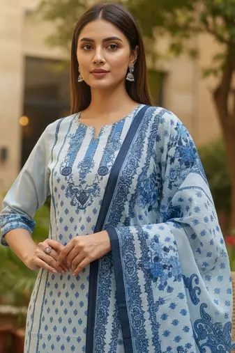 Women Floral Printed Regular Beads and Stones Pure Cotton Kurta with Trousers & With Dupatta