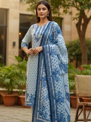 Women Floral Printed Regular Beads and Stones Pure Cotton Kurta with Trousers & With Dupatta 4