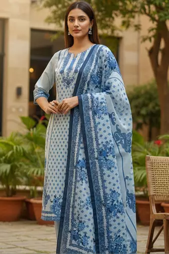 Women Floral Printed Regular Beads and Stones Pure Cotton Kurta with Trousers & With Dupatta