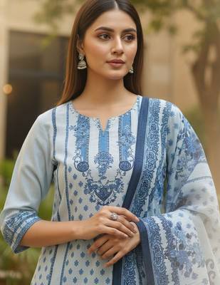 Women Floral Printed Regular Beads and Stones Pure Cotton Kurta with Trousers & With Dupatta 5