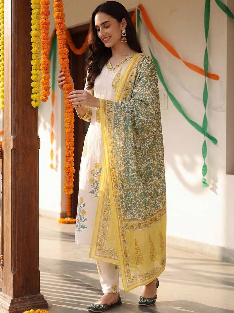 Women Floral Printed Regular Pure Cotton Kurta with Trousers & With Dupatta