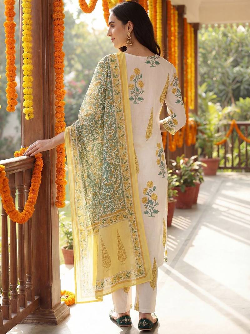 Women Floral Printed Regular Pure Cotton Kurta with Trousers & With Dupatta