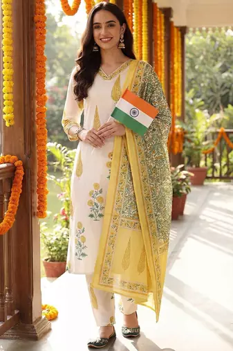 Women Floral Printed Regular Pure Cotton Kurta with Trousers & With Dupatta