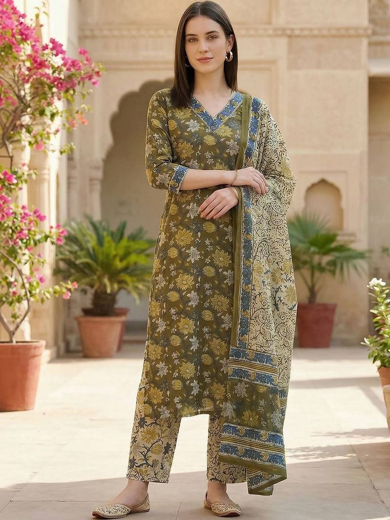 Women Floral Printed Regular Pure Cotton Kurta with Trousers & With Dupatta