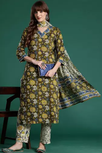 Women Floral Printed Regular Pure Cotton Kurta with Trousers & With Dupatta