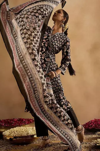 Floral Printed Angrakha Pure Cotton A-Line Kurta With Trousers & Dupatta