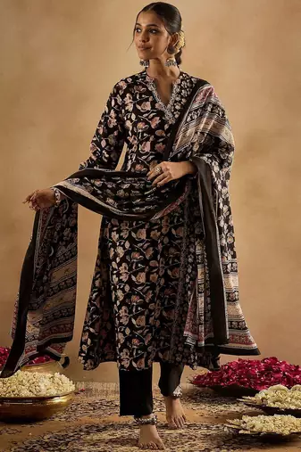 Floral Printed Angrakha Pure Cotton A-Line Kurta With Trousers & Dupatta