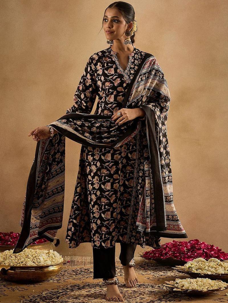 Floral Printed Angrakha Pure Cotton A-Line Kurta With Trousers & Dupatta