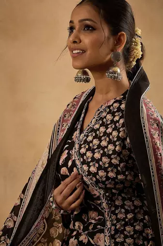 Floral Printed Angrakha Pure Cotton A-Line Kurta With Trousers & Dupatta