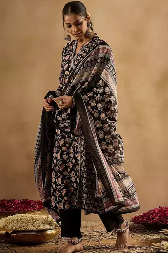 Floral Printed Angrakha Pure Cotton A-Line Kurta With Trousers & Dupatta