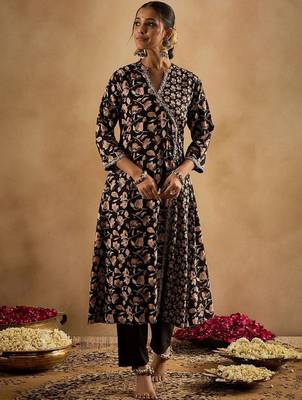Floral Printed Angrakha Pure Cotton A-Line Kurta With Trousers & Dupatta 6