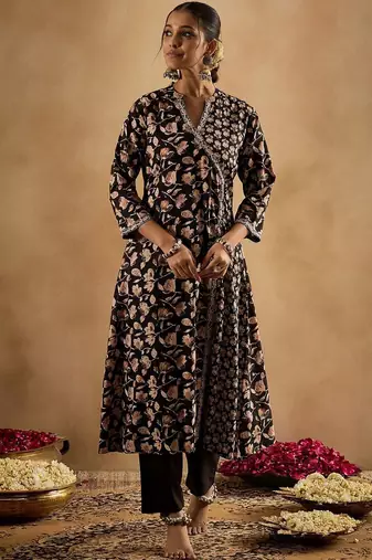 Floral Printed Angrakha Pure Cotton A-Line Kurta With Trousers & Dupatta