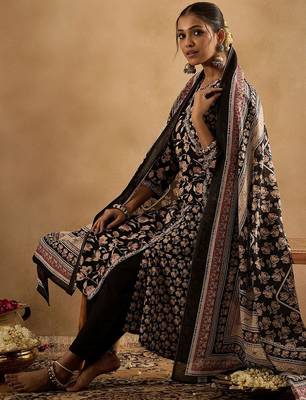Floral Printed Angrakha Pure Cotton A-Line Kurta With Trousers & Dupatta 7