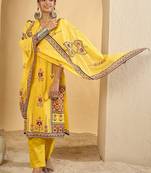 Ethnic Motifs Printed V-Neck Pure Cotton Straight Kurta With Trousers & Dupatta
