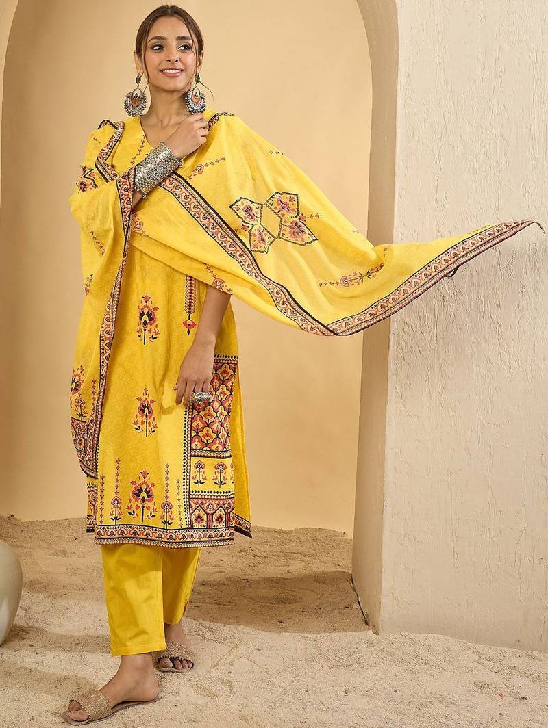 Ethnic Motifs Printed V-Neck Pure Cotton Straight Kurta With Trousers & Dupatta