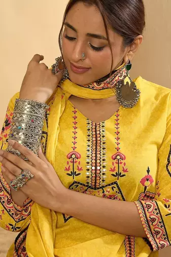 Ethnic Motifs Printed V-Neck Pure Cotton Straight Kurta With Trousers & Dupatta