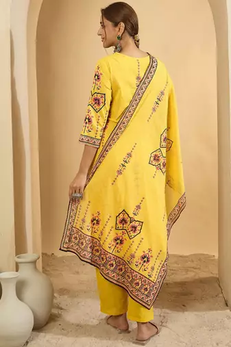 Ethnic Motifs Printed V-Neck Pure Cotton Straight Kurta With Trousers & Dupatta