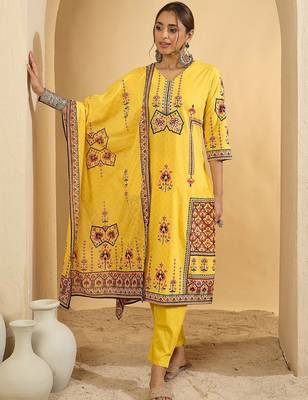 Ethnic Motifs Printed V-Neck Pure Cotton Straight Kurta With Trousers & Dupatta 6
