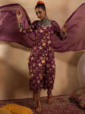 Floral Printed Straight Pure Cotton Kurta with Trousers & Dupatta 1
