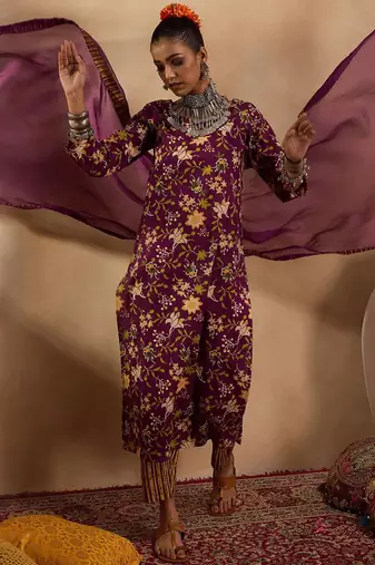 Floral Printed Straight Pure Cotton Kurta with Trousers & Dupatta