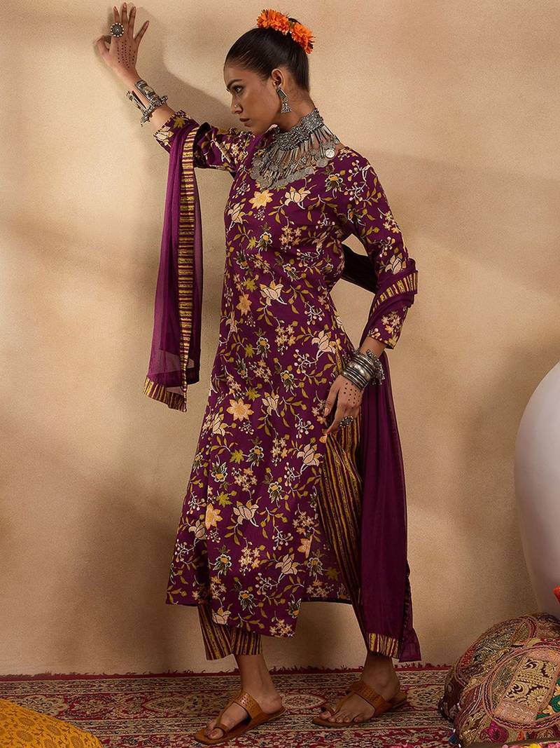 Floral Printed Straight Pure Cotton Kurta with Trousers & Dupatta