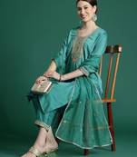Ethnic Motifs Yoke Design Thread Work Kurta With Trousers & Dupatta