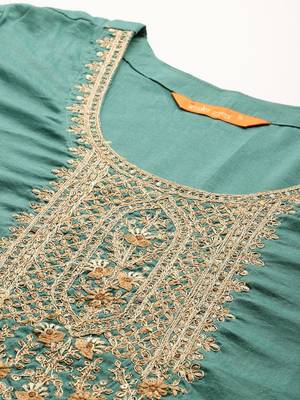 Ethnic Motifs Yoke Design Thread Work Kurta With Trousers & Dupatta 2
