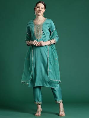 Ethnic Motifs Yoke Design Thread Work Kurta With Trousers & Dupatta 5