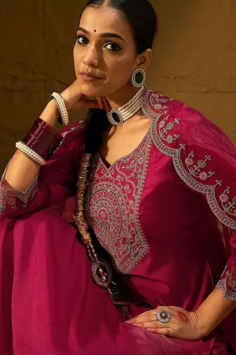 Floral Embroidered Sweetheart Neck Straight Kurta With Trousers & Dupatta
