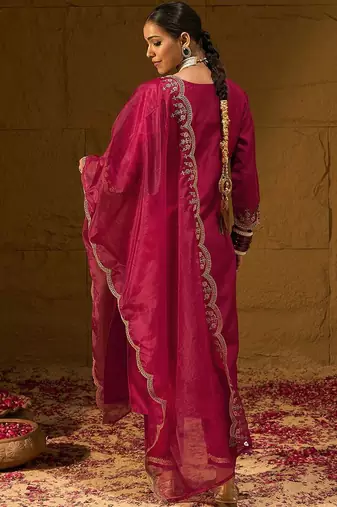 Floral Embroidered Sweetheart Neck Straight Kurta With Trousers & Dupatta
