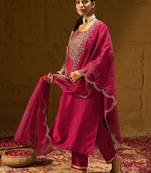 Floral Embroidered Sweetheart Neck Straight Kurta With Trousers & Dupatta